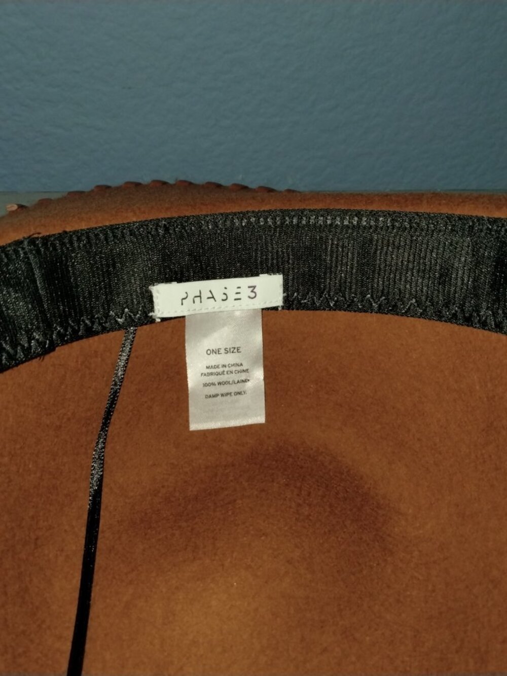 Wide Brim Hat, Cognac Wool with Faux Leather Trim by Phase 3, Boho Chic - Picture 7 of 10